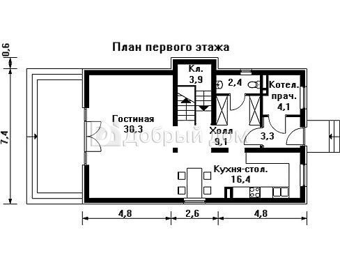 Проект двухэтажного каркасного дома AS-1038F с панорамными окнами и эркером 1 этаж