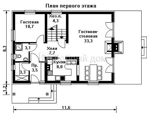 Проект двухэтажного каркасного дома AS-1101F с террасой и панорамными окнами 1 этаж