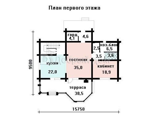 Проект дома AS-111 из бревна с мансардой и террасой 1 этаж