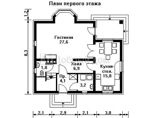 Проект двухэтажного каркасного дома AS-1178F с панорамными окнами и эркером 1 этаж