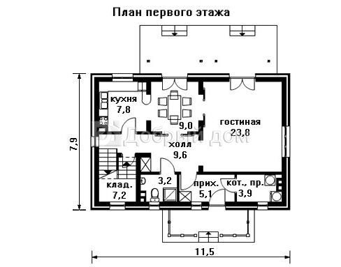 Проект двухэтажного каркасного дома AS-1190F с панорамными окнами и террасой 1 этаж