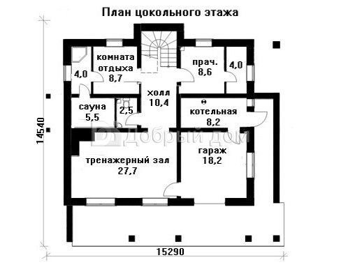 Проект трехэтажного дома из бруса AS-1415 с мансардой, цоколем, балконом, террасой и гаражом Цоколь
