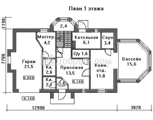 Проект трехэтажного каркасного дома AS-143-1F с гаражом и бассейном 1 этаж