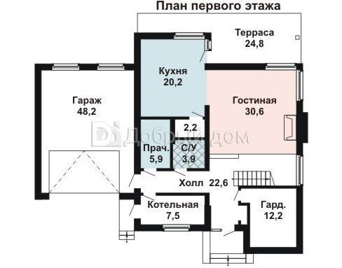 Проект кирпичного двухэтажного дома AS-1461 с гаражом, террасой, балконом и панорамными окнами 1 этаж