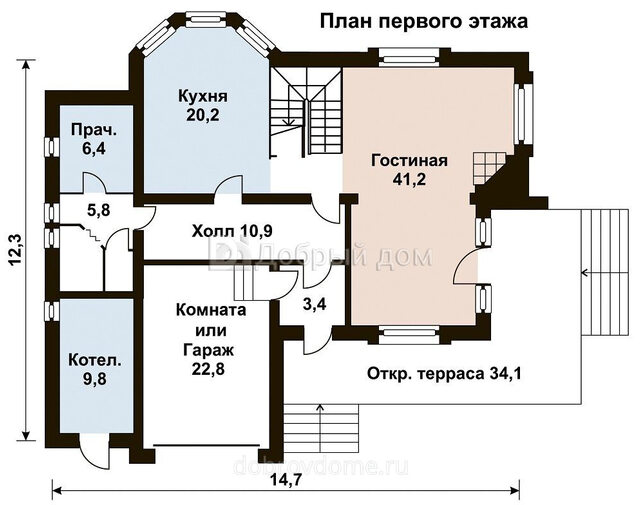 Проект двухэтажного каркасного дома AS-195F с террасой и гаражом 1 этаж