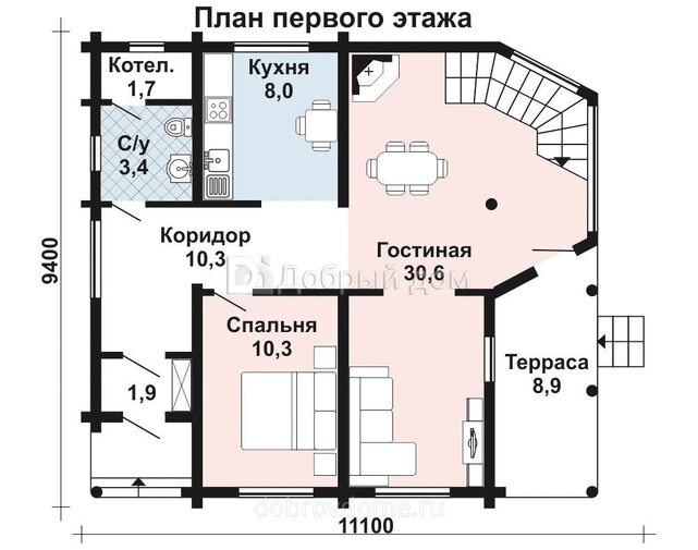 Проект двухэтажного дома AS-2005 из бруса с большими панорамными окнами 1 этаж