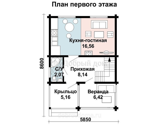 Проект дома AS-2016 из бруса 6х6 с верандой и 2 спальнями 1 этаж