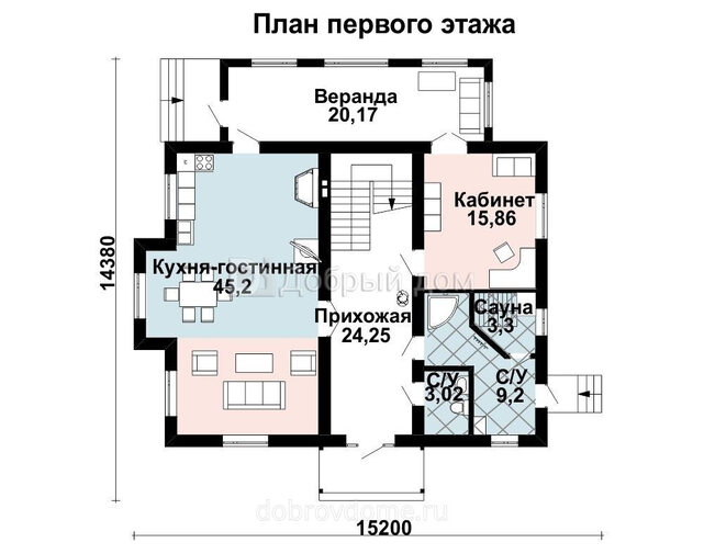 Проект двухэтажного дома AS-2017 из газобетона с верандой и 3 спальнями 1 этаж