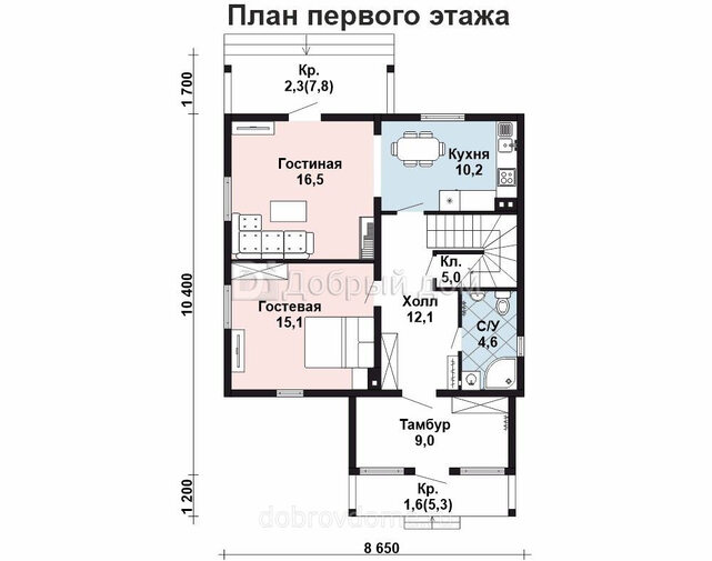 Проект двухэтажного дома AS-2075-2 из бруса с балконом 1 этаж