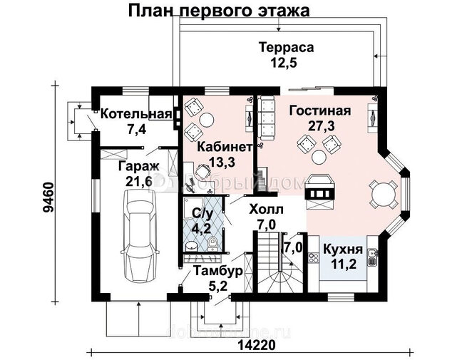 Проект каркасного дома AS-2103 с мансардой с гаражом и террасой 1 этаж