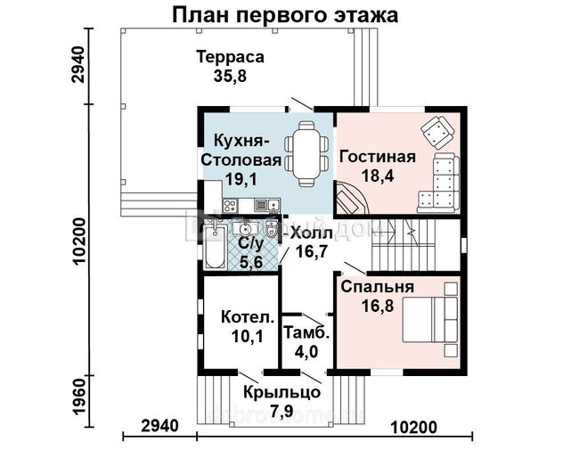 Проект каркасного двухэтажного дома AS-2141 с террасой и 3 спальнями 1 этаж