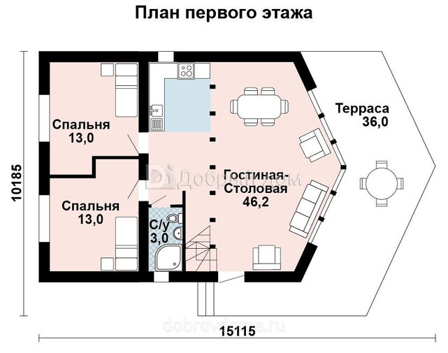 Проект оригинального двухэтажного дома AS-2168-2 из газобетона с террасой, вторым светом 1 этаж