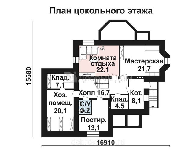 Проект трехэтажного коттеджа AS-2173-2 из газобетона с ломанной мансардной крышей Цоколь