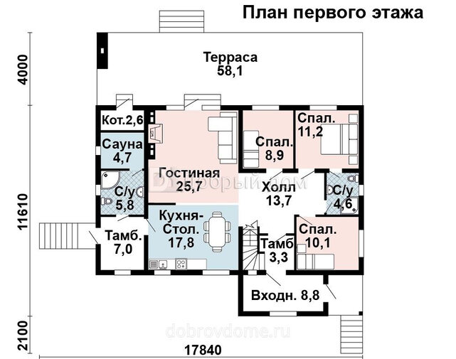 Проект каркасного дома AS-2184 с мансардой с большой террасой, сауной 1 этаж