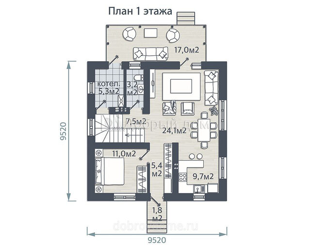 Проект двухэтажного дома AS-2207 из газобетона с мансардой и верандой 1 этаж