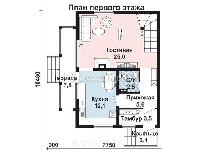 Проект компактного каркасного дома AS-2256 с мансардным этажом и балконом 1 этаж