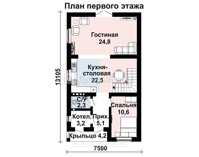 Проект двухэтажного дома AS-247 из газобетона с односкатной крышей и балконом 1 этаж