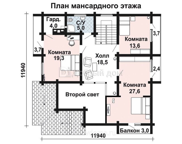 Проект дома AS-446 из бревна с мансардой, вторым светом и балконом Мансарда
