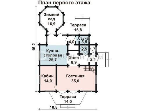 Проект дома AS-461 из бревна с мансардой и зимним садом 1 этаж