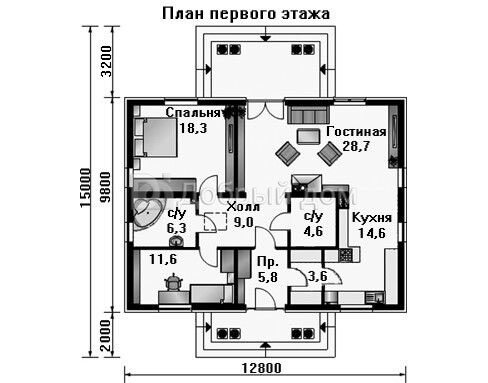Проект одноэтажного дома AS-529 из газобетона 1 этаж