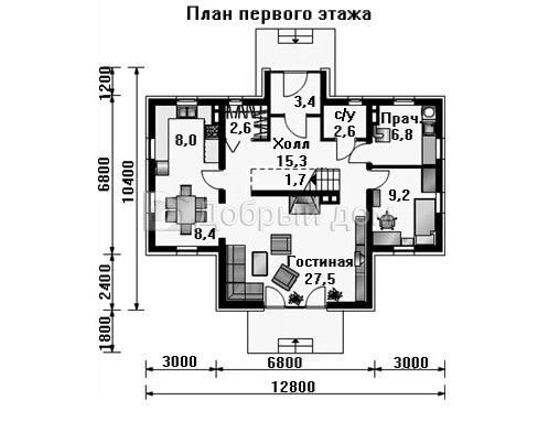 Проект двухэтажного дома AS-530 из кирпича с мансардой 1 этаж