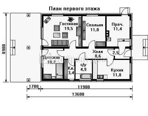 Проект одноэтажного каркасного дома AS-538-1F с террасой 1 этаж