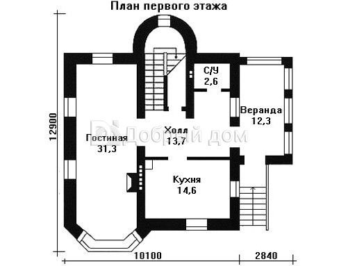 Проект двухэтажного каркасного дома AS-651F с террасой, верандой и эркером 1 этаж