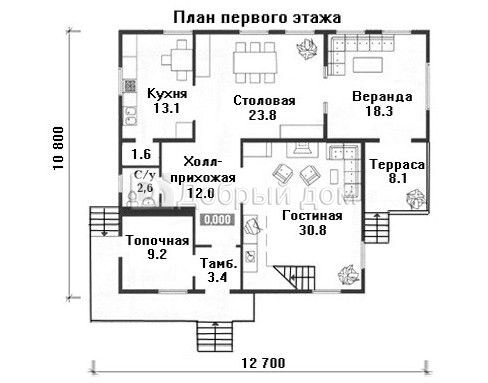 Проект двухэтажного дома AS-657 с 3 спальнями, верандой и вторым светом 1 этаж