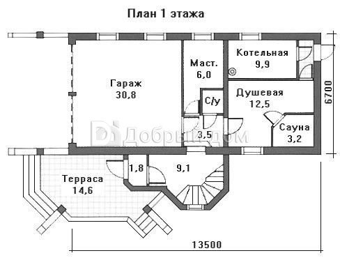 Проект трехэтажного каркасного дома AS-667F с террасой и зимним садом 1 этаж