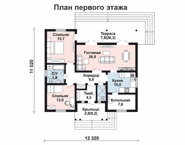 Проект одноэтажного каркасного дома AS-907F с террасой 1 этаж